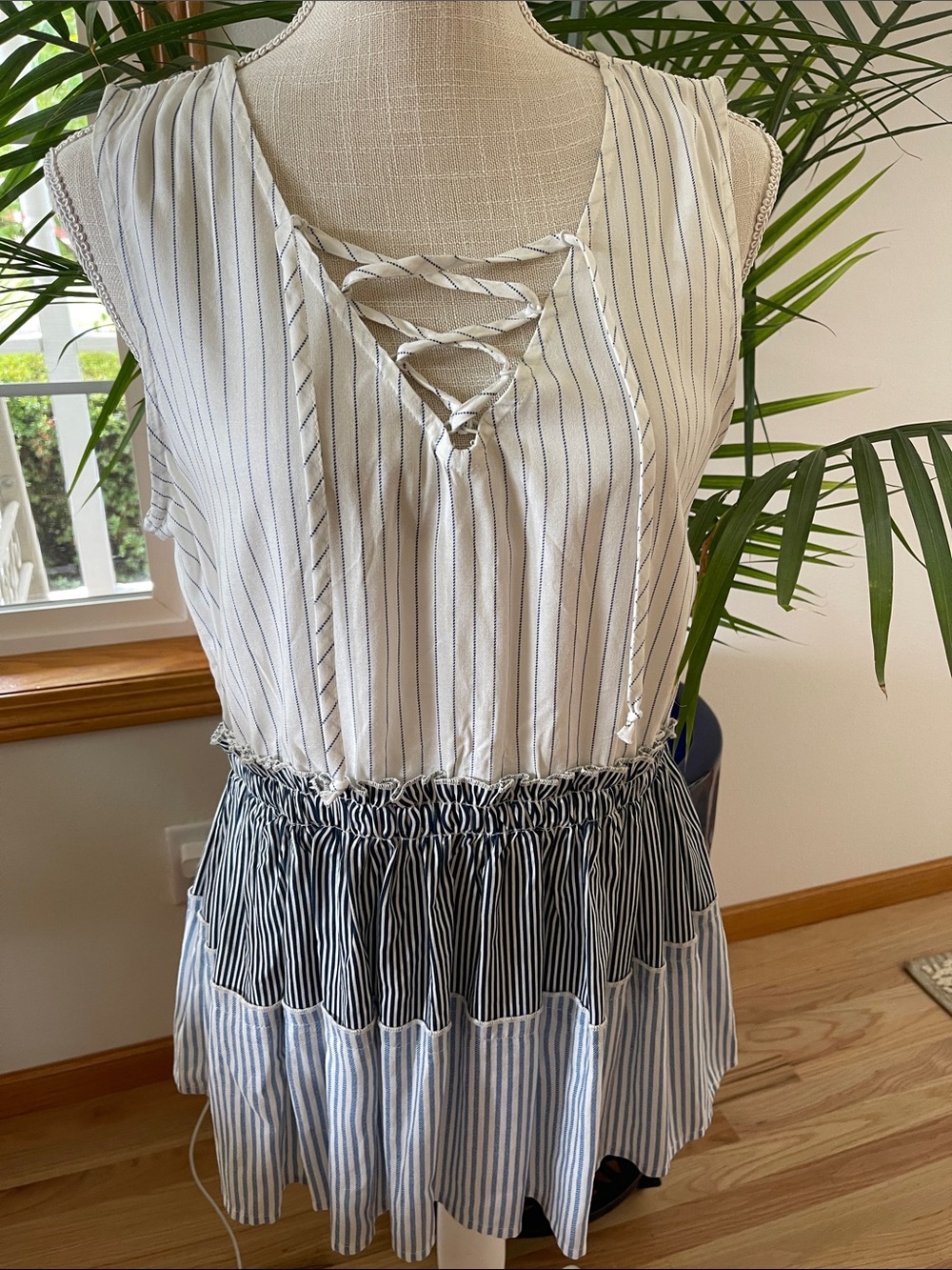 Maurices White Top with Navy Pinstripes